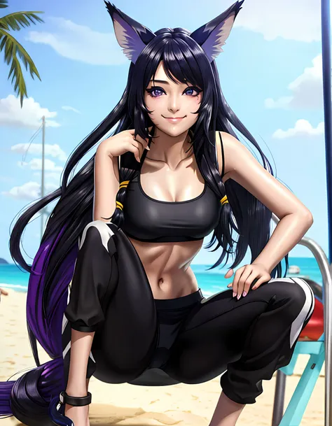 masterpiece, best quality,absurdres, extremely detailed, \( illustration:1.2\), \( fantasy:1.1\), 1girl,solo, large breast, tall body, animal ears,black fox tail,little muscul, purple eyes, very long black hair, (hair rings low-tied long hair,)midriff peek, gym_uniform,gym bra, navel, pants, perfect face, smirk, :3, cute, \(perfect eyes:1.1 \),beautiful detalied eyes, perfect lips beach, sunlight ,beautiful detailed water,close up,