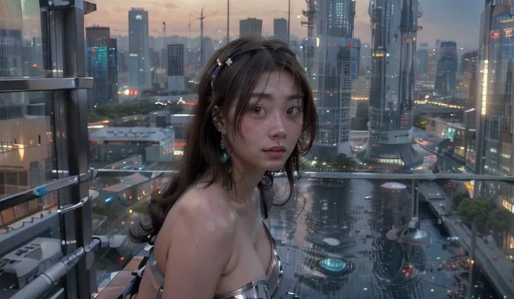  lens flare,  shiny skin,  (8k, best quality, masterpiece:1.2),  photorealistic, 1girl,(looking at viewer:1.2),modern, enchanting lighting, luxury, traditional-modern fusion, soft atmospheric light, star,pool,light coming through the window,ouside,skyscraper,on the balcony,futuristic, photograph,<lora:shiningfinal:1>