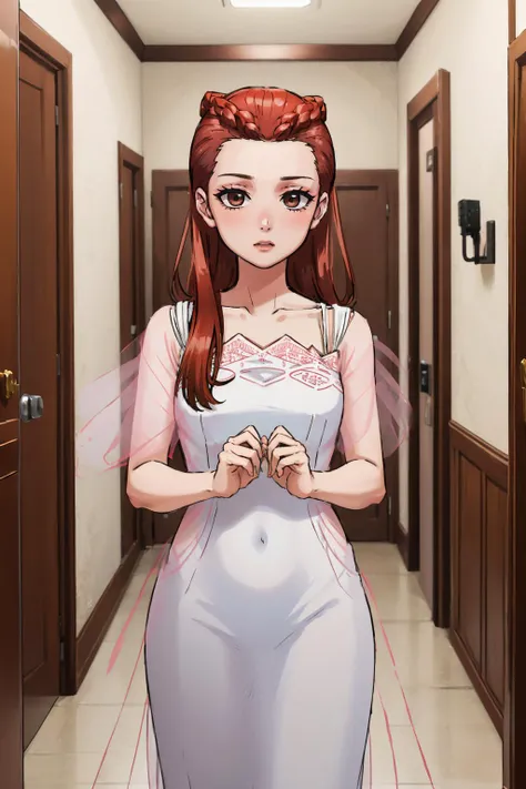 masterpiece, best quality, <lora:aa_dahliahawthorne-10:1> dahlia hawthorne, braid, white dress, cowboy shot, hallway, looking at viewer, surprised