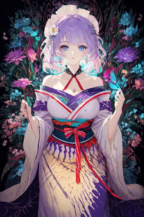 Anime,cowboy shot, (psychedelic style, neon wave), (dramatic light and shadow, large color difference), girl, light blue single Fried Dough Twists braid, (light blue eyes) (blue flower headdress), (anime painting style), (((masterpiece))), (((best))), (ultra fine), (fine light), beautiful fluorescence, (delicate and beautiful face), (light purple daisy kimono) (beautiful eyes), (beige purple oil paper umbrella), (luminous particles), giant breasts, ((illustration)), (Bright colors), (Fantasy), exquisite visuals, rich details, exquisite, high completion, large scenes, dreamy, single person, off shoulder, gorgeous, broken hair, noble, cute, unparalleled beauty, messy hair, a large number of hair accessories, pure lust
<lora:MON_20230721190350-000010:1:OUTALL>