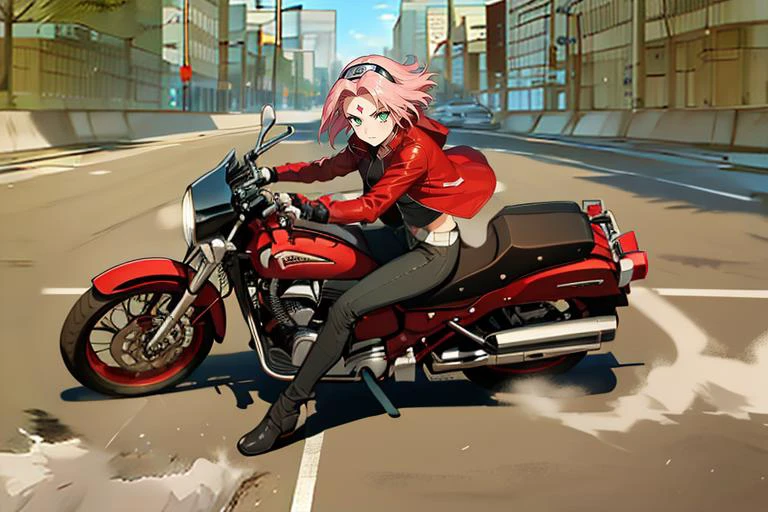 (best quality, ultra-detailed, best illustration, best shadow, masterpiece, high res, professional artwork, famous artwork), (1girl, solo), riding red motorcycle, <lora:concept_abs-3_akiraBikeSlide:0.4>, (smoke:1.2), leather pants,