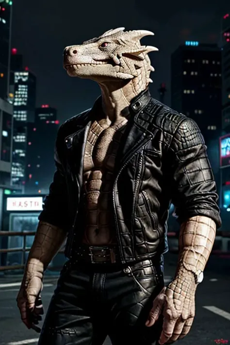 Craft an image of godzilla with (((white scales))) and (white skin) and a crocodile head. Give him wider shoulders and a muscular build.. human-sized
futuristic urban setting
wearing (black biker jacket), and pants
A ((white-scaled)) (white dragonborn) with a muscular build and a (((crocodile head))) with red eyes and (blackened hands), white scales, sharp teeth, muscular, claws, ((scaled skin)), (scaled arms), (scaled chest), (albino), wide shouldered, 1boy, (dragonborn), massive, clawed hands, black claws
(masterpiece), 8k, Absurdres, best quality, HDR, Low ISO, masterpiece, Maximum clarity and sharpness, Hyperdetailed, photorealistic, hi res, hyperdetailed, ultrarealistic, ((cowboy shot)), ((action pose)),
maleC yberpunkAI, neon,, yofukashi background, city, cityscape, building, BikerC