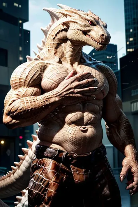 Craft an image of godzilla with (((white scales))) and (white skin) and a crocodile head. Give him wider shoulders and a muscular build.. human-sized
futuristic urban setting
wearing pants
A ((white-scaled)) (white dragonborn) with a muscular build and a (((crocodile head))) with red eyes and (blackened hands), ((white skin, white scales)), sharp teeth, muscular, claws, ((scaled skin)), (scaled arms), (scaled chest), (albino), wide shouldered, 1boy, (dragonborn), massive, clawed hands, black claws
(masterpiece), 8k, Absurdres, best quality, HDR, Low ISO, masterpiece, Maximum clarity and sharpness, Hyperdetailed, photorealistic, hi res, hyperdetailed, ultrarealistic, ((cowboy shot)), ((action pose)),
maleC yberpunkAI, neon,, yofukashi background, city, cityscape, building, BikerC