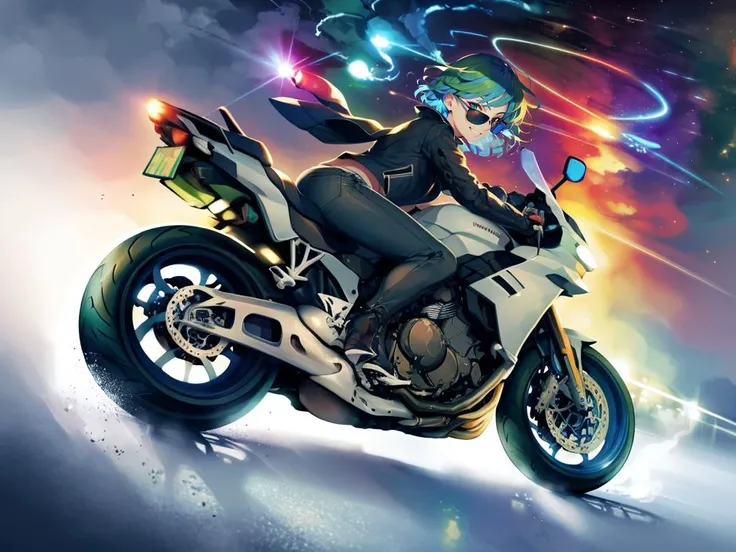 (best quality, ultra-detailed, best illustration, best shadow, masterpiece, high res, professional artwork, famous artwork), (1girl, solo), <lora:concept_changeACharacter_BikerC_(BikerC):0.7>, earth-chan, black leather jacket, white t-shirt, sunglasses, windy, badass, grin, blue hair, green hair, starry sky, (space:1.5), short hair, speed, fast, leaning forward, looking at viewer