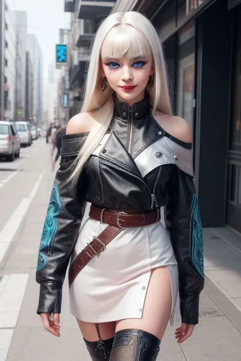 beautiful, masterpiece, best quality, ((adult)), extremely detailed face, perfect lighting, 1girl, solo, photorealistic, hi res, hyperdetailed , ultrarealistic
long hair, blond hair, platinum hair, blue eyes, bangs, straight hair, pale skin, white skin, extremely pale skin, almost white hair, (((White long straight hair, blunt bangs, straight across bangs))), ((straight hair)), (platinum blonde hair), ((blue eyes)), (shiny skin, shiny body, shiny hair, pale skintone), expressive eyes, perfect face, (1girl), ((solo)), delicate features, elegant face, ((((masterpiece)))), (((hyper detailed, ultra-detailed))), (((highres))), ((good anatomy)), (((best quality))), ((extremely delicate and beautiful)), ((extremely detailed and delicate)), ((extremely beautiful)), ((highres)), high quality, highly detailed, (detailed hands, detailed hand anatomy), (stunning art), ((illustration)), (amazing), dynamic angle, dynamic lighting, ((smiling)),
side slit, off shoulder, japanese_clothes, earrings, jewelry, k4buk1, makeup, white face, red lines, kabuki makeup,short_kimono, thighhighs, black_kimono, adapted_costume, see-through, dress, neon lines on clothes
eyeliner, metallic jacket, cropped jacket
((blush stickers, blush)), facepaint, cyber_asia, Cyberpunk Style, hazbin, BikerC, neon lights, night, taut clothes, belt, open jacket, boots, unzipped, fishnets, leather, thigh boots, cross-laced clothes, <dhevv:c-style:t>