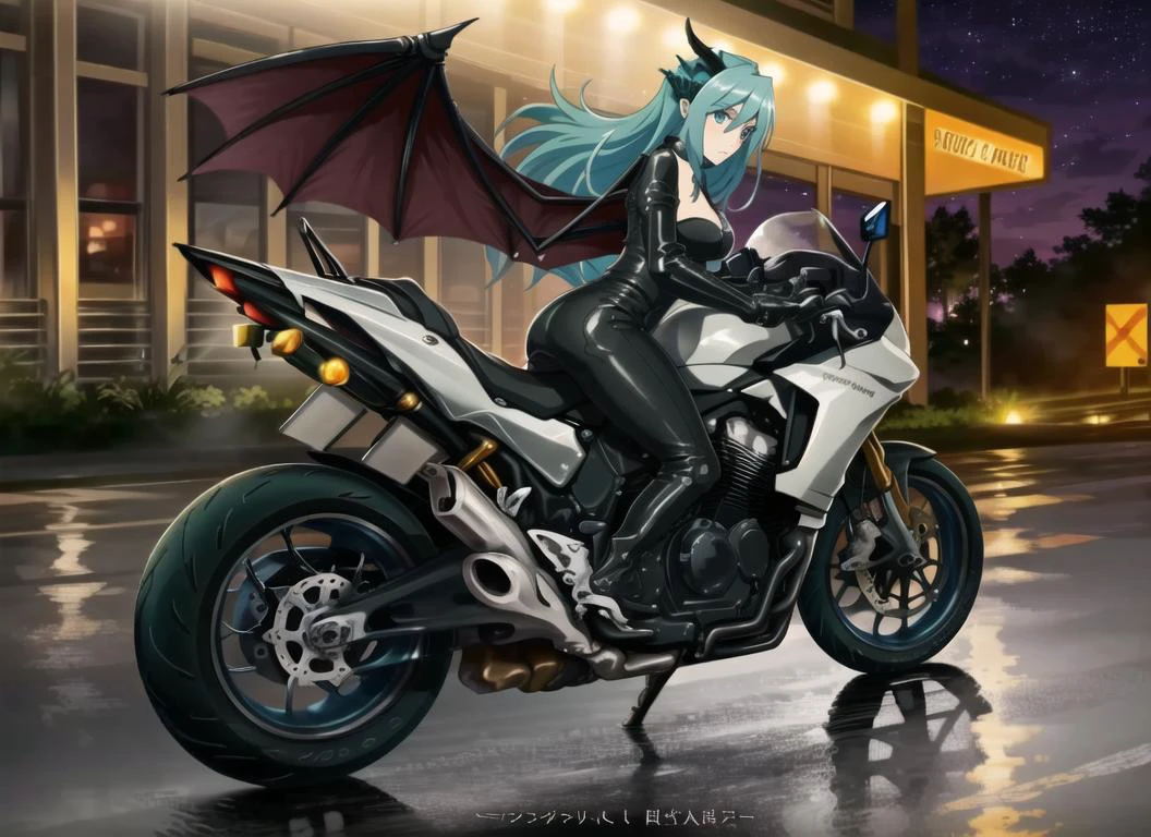 ((best quality)), ((highly detailed)), masterpiece, ((official art)), (detailed eyes, deep eyes), (1girl), full body, <lora:Change-A-Character Badass Biker:.7>, BikerC, motorcycle, neon lights, night, starry sky, riding, sitting, on motorcycle, leaning, motorcycle helmet, holding helmet, helmet removed, <lora:aiomonstergirls_loraLocon:.9>, dragon girl, scales, dragon horns, dragon tail, dragon wings, armored boots