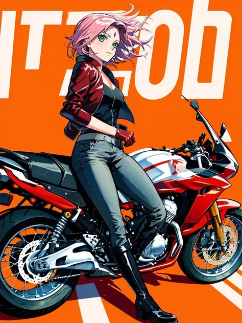 (best quality, ultra-detailed, best illustration, best shadow, masterpiece, high res, professional artwork, famous artwork), (1girl, solo), 
red motorcycle, red leather jacket, windy, <lora:concept_changeACharacter_BikerC_(BikerC):0.5>, BikerC,