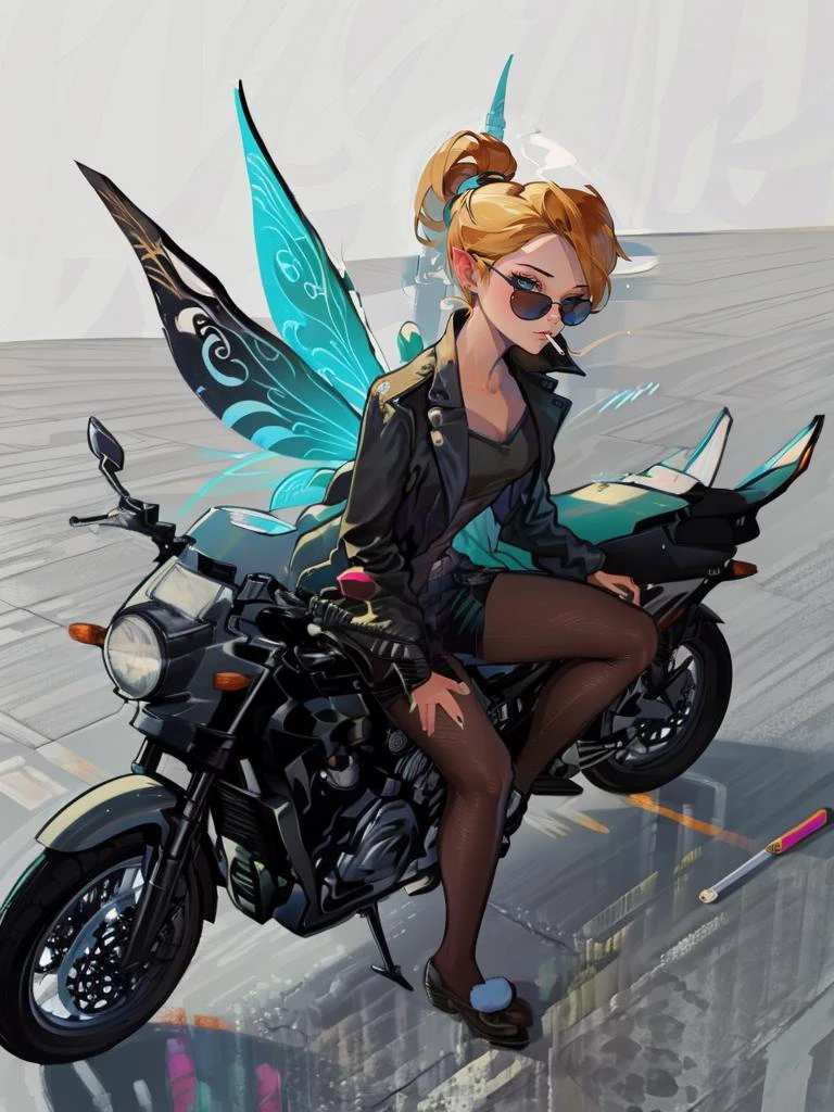 (best quality, ultra-detailed, best illustration, best shadow, masterpiece, high res, professional artwork, famous artwork), (1girl, solo), tinkerwaifu, cigarette, sunglasses, <lora:concept_changeACharacter_BikerC_(BikerC):1>, smoking,
