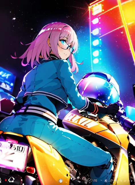 ((best quality)), ((highly detailed)), masterpiece, absurdres, (detailed eyes, deep eyes), (1girl), (glasses), <lora:back_view-v1:.8>, back view, from behind, dynamic pose, cowboy shot, ((<lora:ChangeACharacter Badass Biker:.9>, BikerC, motorcycle, neon lights, night, starry sky, riding, sitting, on motorcycle, leaning, motorcycle helmet, holding helmet, helmet removed)), girl next door, friendly, smiling, (outdoors, at a tropical island, palm trees, noon, hurricane), <lora:HeroNeisan_Style-DEF:.7>, heroneissan style