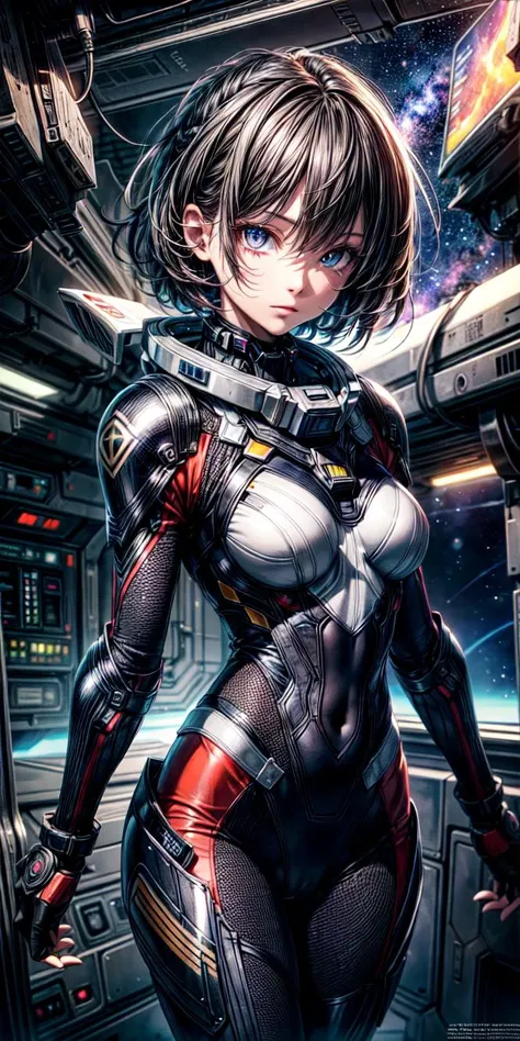 (Highest picture quality),(Master's work),(ultra-detailed),(Detailed eye description:1.0),masterpiece,best quality, detailed background, 1 girl, mature, body,space station,tech armor, stars, space, nebula, ( <lora:more_details:1.3>)