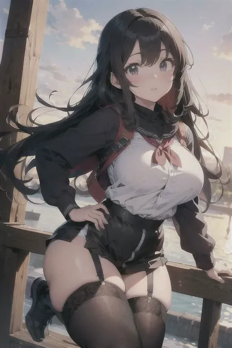 (masterpiece, 1980's anime, detailed background:1.2),Anime girl with big breast and black stockings posing in the sky, seductive anime girl, Guweiz, Top Rated on Pixiv, curvy petite, Kantai Collection Style, thicc, Azur runway style, anime goddess, seductive beautiful woman from anime, Guweiz on Pixiv ArtStation, Hestia, Artgerm extremely detailed