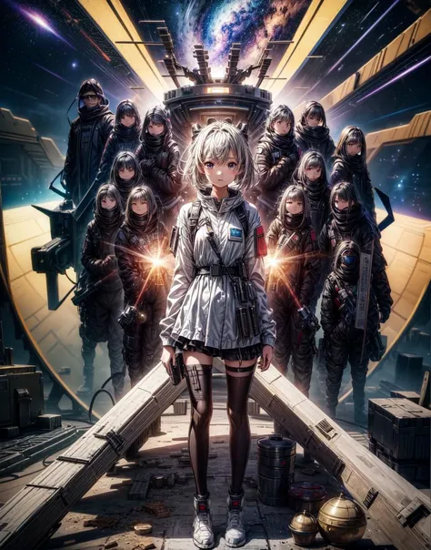 (Highest picture quality),(Master's work),(ultra-detailed),(Detailed eye description:1.0),masterpiece,best quality, detailed background, 1 girl, mature, body,space station,tech armor, stars, space, nebula, ( <lora:more_details:1.3>)