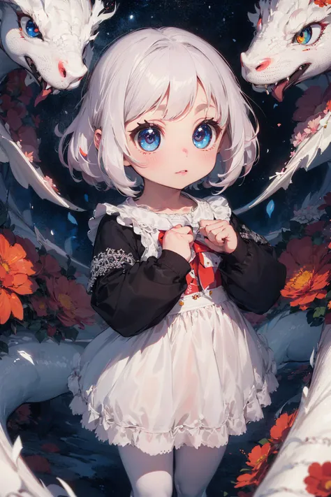 masterpiece, best quality, 8k, insane details, intricate details, hyperdetailed, hyper quality, high detail, ultra detailed,
1girl,solo,flowers,(child body:1.4),baby,(big eyes:1.5),white pantyhose,(photorealistic:1.2), white dragon,shiny hair, pink hair, (gradient hair)