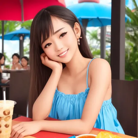 ((masterpiece)), (best quality), perfect anatomy, highress, detailed, colorful, beautiful thai girl, upper body, ((tanned skin)), sitting at the table, smile, head tilt, amusement park, bubble tea, earclips