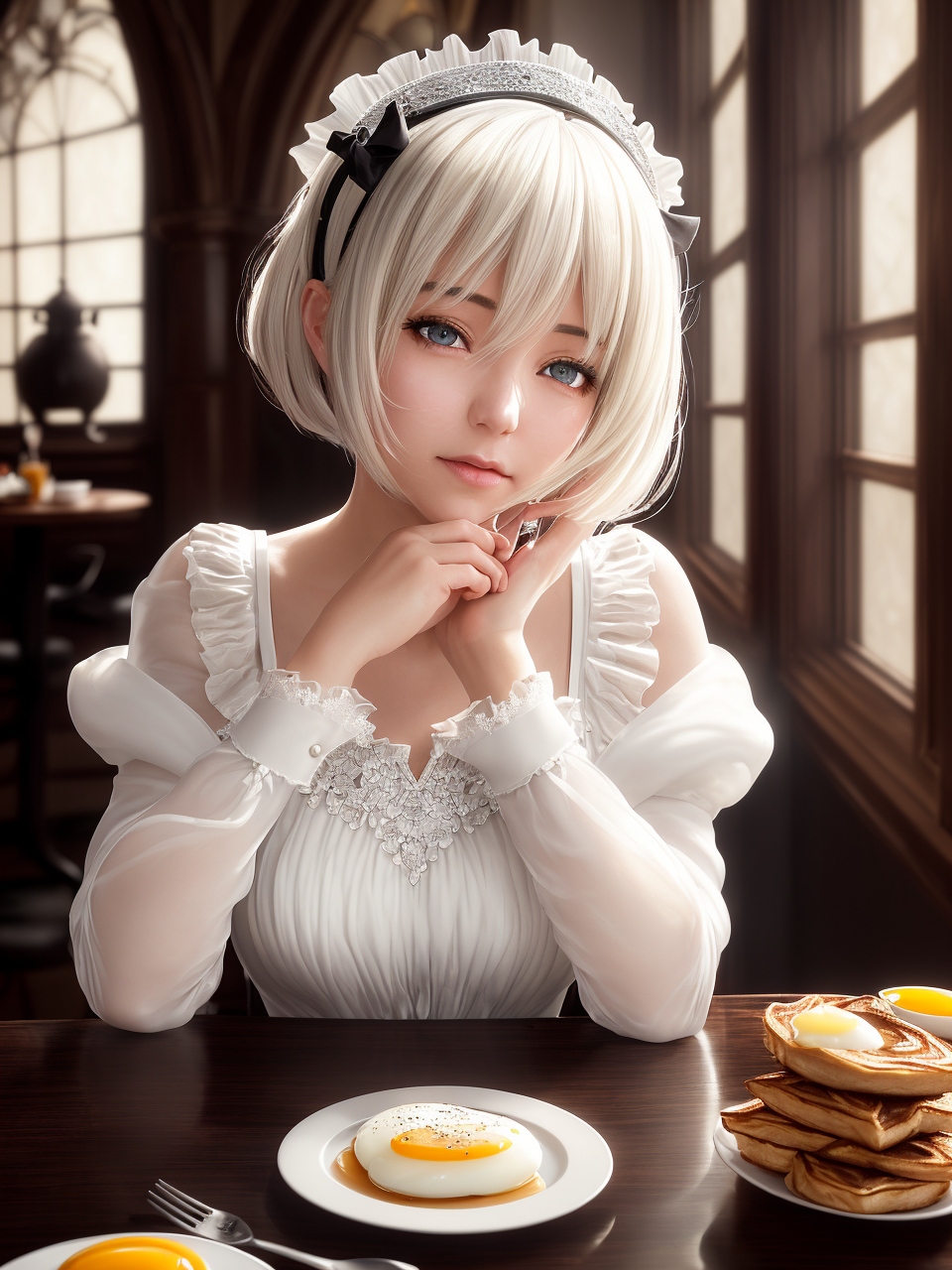 A close up of a person sitting at a table with food - SeaArt AI