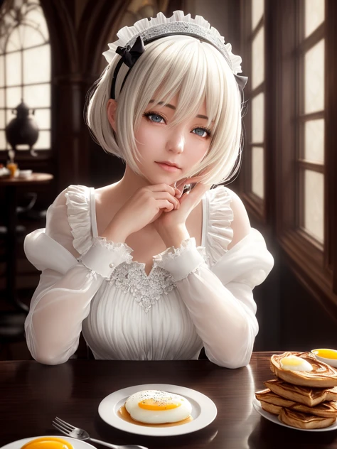 masterpiece, best quality, highest quality, cinematic lighting, (volumetric lighting), extremely detailed CG unity 8k wallpaper, focused, 8k wallpaper, 4k wallpaper, extremely detailed, ultra realistic, photorealistic, sharp focus, absurdres, (HDR:1.2), (high contrast), photograph, detailed and intricate, instagram,
(maid:1.1) yorha no. 2 type b, nier automata, perfect face, artistic sketch, atmospheric lighting, smooth, thick lineart, small breasts, flat chest, pixie cut, white hair, cinematic composition, beautifully detailed cafe, pantyhose, blindfold, (serving breakfast),
((by Robert Hagan , by Abraham Pether))