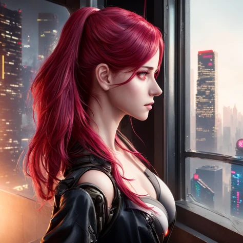 masterpiece, best quality, highest quality, cinematic lighting, (volumetric lighting), extremely detailed CG unity 8k wallpaper, focused, 8k wallpaper, 4k wallpaper, extremely detailed, (ultra realistic), (photorealistic), sharp focus, absurdres, (HDR:1.2), (high contrast), (photograph), detailed and intricate, (instagram), (photography on film), 32mm,

(beautiful woman), solo, [[woman|ana de armas|ariana grande]], [closeup], (small breasts), (cyberpunk), (techwear), (bare midriff), inside, ((window, cyberpunk cityscape, night, neon lights)), ((profile)), (red hair covering one eye), looking away from camera, from the side, chin in hand, dynamic pose,

((by wlop, by artgerm, by greg rutkowski, by guweiz)), Jeremy Lipking,