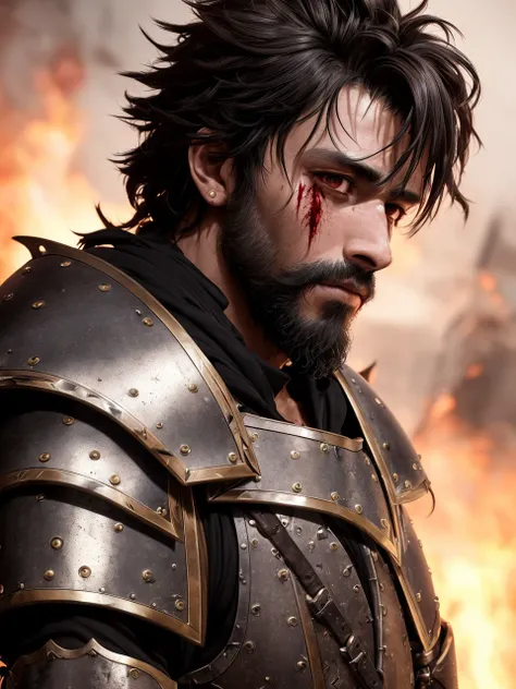 masterpiece, best quality, highest quality, cinematic lighting, (volumetric lighting), extremely detailed CG unity 8k wallpaper, focused, 8k wallpaper, 4k wallpaper, extremely detailed, ultra realistic, photorealistic, sharp focus, absurdres, (HDR:1.3),  photograph, insanely detailed and intricate, instagram,

((rugged handsome black man)), solo, intricate detailed armor, (bloody), blood, (bruises), (scars), ryona, beat up, (closeup), (upper body), beard, dark hair, brown eyes,
battered armor, ripped clothes, torn clothes, [bloodstains], [bleeding], ((muscular)), knight, (warrior), (cloak), battlefield background, (dark skin),

((by guweiz , by rembrandt))