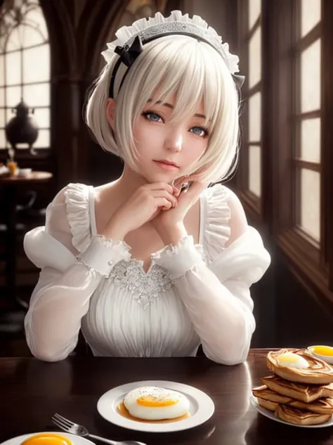 masterpiece, best quality, highest quality, cinematic lighting, (volumetric lighting), extremely detailed CG unity 8k wallpaper, focused, 8k wallpaper, 4k wallpaper, extremely detailed, ultra realistic, photorealistic, sharp focus, absurdres, (HDR:1.2), (high contrast), photograph, detailed and intricate, instagram,
(maid:1.1) yorha no. 2 type b, nier automata, perfect face, artistic sketch, atmospheric lighting, smooth, thick lineart, small breasts, flat chest, pixie cut, white hair, cinematic composition, beautifully detailed cafe, pantyhose, blindfold, (serving breakfast),
((by Robert Hagan , by Abraham Pether))