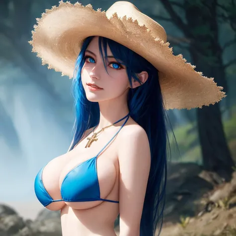 masterpiece, best quality, highest quality, cinematic lighting, (volumetric lighting), extremely detailed CG unity 8k wallpaper, focused, 8k wallpaper, 4k wallpaper, extremely detailed, (ultra realistic), (photorealistic), sharp focus, absurdres, (HDR:1.2), (high contrast), (photograph), (instagram), (photography on film), 32mm, detailed and intricate,

closeup, [[girl|ana de armas|ariana grande]], beautiful girl, young, [smile], (looking at camera), ((looking at viewer)), leaning towards camera, breast focus,
(cowboy, cross necklace, blue eyes, blue hair, ((bikini)), (((gigantic breasts))), blush, nose blush), (cowboy hat), (upper body), underboob, sideboob, 

((by wlop, by artgerm, by greg rutkowski, by guweiz)), Jeremy Lipking,