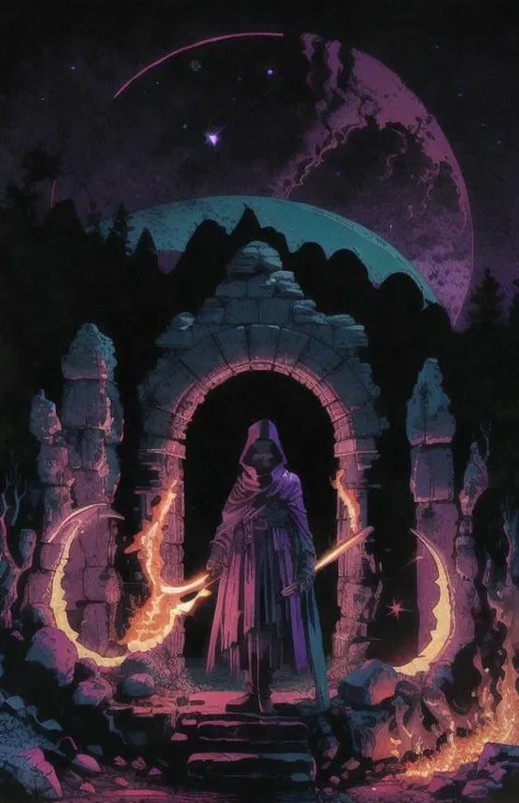 a cloaked figure standing in front of a stone archway holding an orange burning ember, the moon and many stars hang in the night sky, ((oversized crescent moonlight)), purple overtone, vaporwavev1, teal neon, pink haze, dark art, best quality, highres, realistic, dramatic lighting, detailed, 8k, film grain, (desaturated color) <lora:darkFantasy_v11:.6> <lora:vaporwavev1_v1:.4> <lora:paradiseLostGustave_paradiseLostGustaveDore:.6>