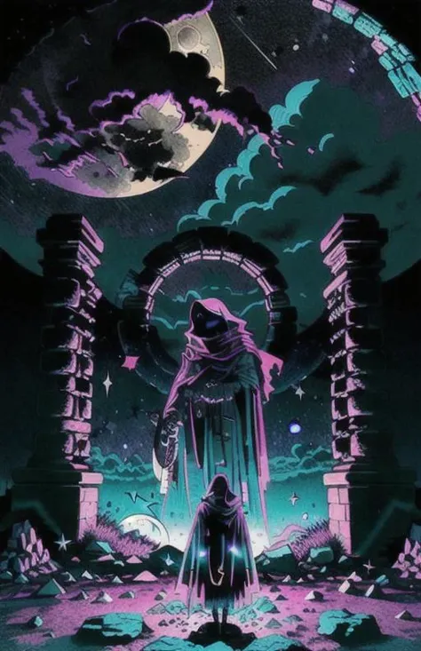 a cloaked figure standing in front of a stone archway with glowing crystals at it's base, the moon and many stars hang in the night sky, ((oversized crescent moonlight)), purple overtone, vaporwavev1, teal neon, pink haze, dark art, best quality, highres, realistic, dramatic lighting, detailed, 8k, film grain, (desaturated color) <lora:darkFantasy_v11:.4> <lora:vaporwavev1_v1:.4> <lora:paradiseLostGustave_paradiseLostGustaveDore:.8>