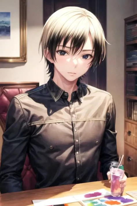 masterpiece, best quality, game cg, 1boy, solo, male focus, looking at viewer, upper body, , (watercolor illustration, soft pastel colors:1.1), realistic, <lora:kodaka_hasegawa:0.82>, kodaka_hasegawa, blonde hair, black eyes, multicolored hair, , two-tone hair, gothic costume, science fiction noir, HD-DVD