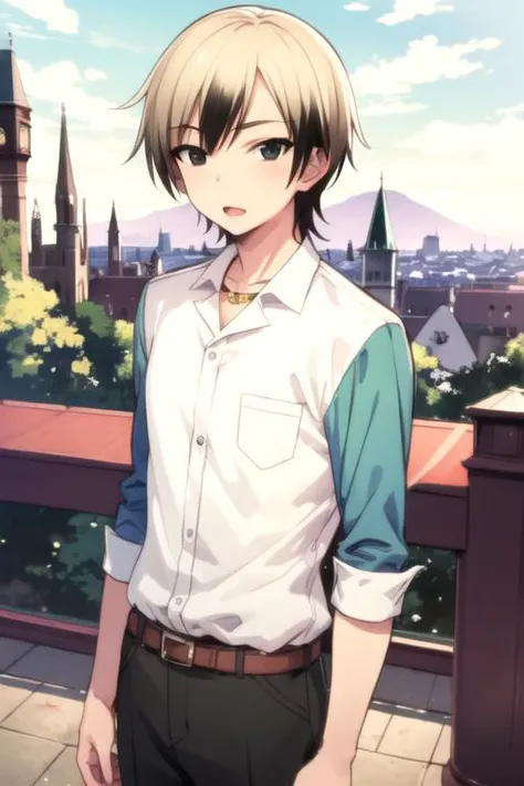 masterpiece, best quality, illustration, 1boy, solo, male focus, looking at viewer, , , anime coloring, , <lora:kodaka_hasegawa:0.76>, kodaka_hasegawa, blonde hair, black eyes, multicolored hair, , , oxford shirt, , castle, HDR