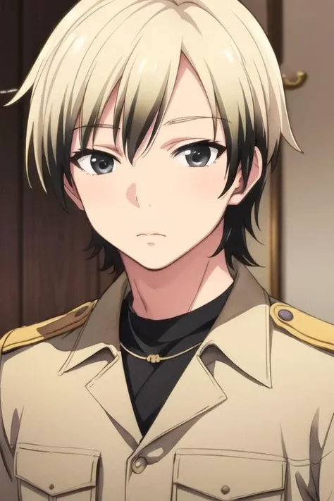 masterpiece, best quality, game cg, 1boy, solo, male focus, looking at viewer, upper body, depth of field, (watercolor illustration, soft pastel colors:1.1), , <lora:kodaka_hasegawa:0.82>, kodaka_hasegawa, blonde hair, black eyes, , , two-tone hair, , world war 2, 16k resolution