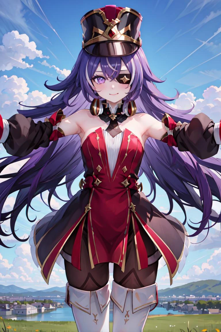 1girl, solo,
<lora:chevreuse-gi-v1cr:0.8>, chevreuse, purple eyes,
eyepatch, shako cap, detached sleeves, gloves, black pantyhose, thigh boots, smile, mouth closed, blush,
outstretched arms, yokozuwari,, weird atmosphere, (best quality:1.1), (masterpiece:1.2), high quality shadow, beautiful detailed, (high detailed skin, skin details), (wide_landscape, 8k), beautiful face, detailed eyes, depth of field, dramatic light, best quality, highres, best shadow, best illumination,