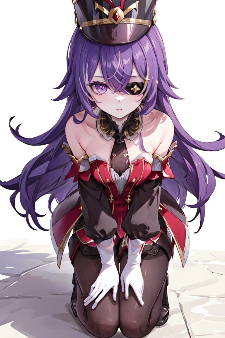 1girl, solo, from above,
<lora:chevreuse-gi-v1cr:0.8>, chevreuse, purple eyes,
eyepatch, shako cap, detached sleeves, gloves, black pantyhose, thigh boots, looking at viewer, blank eyes, blank stare,
hand on hip, hands on own knees, squatting, legs together,
best quality, masterpiece, high quality shadow, beautiful detailed, high detailed skin, skin details, wide_landscape, 8k, beautiful face, detailed eyes, depth of field, dramatic light, best quality, highres, best shadow, best illumination,
