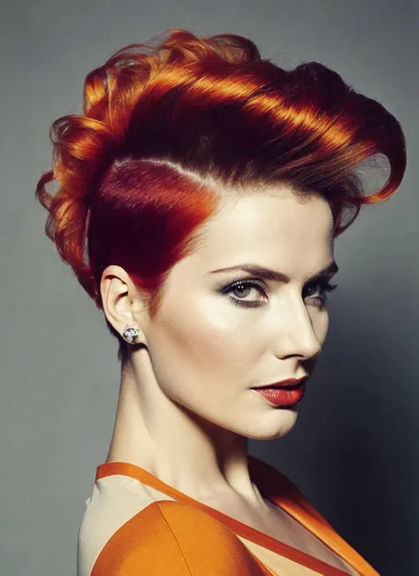 analog style, modelshoot style, portrait of sks woman by Flora Borsi, style by Flora Borsi, bold, bright colours, orange Mohawk haircut, ((Flora Borsi)), <lora:locon_annadereszowska_v1_from_v1_64_32:1.3>