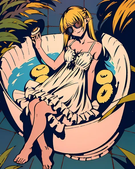 1girl, barefoot, blonde hair, feet, long hair, toes, dress, yellow eyes, goggles on headwear, solo, food, looking at viewer, soles, open mouth, goggles, helmet, white dress, doughnut, smile, plant, strap slip, legs, bathtub, bare shoulders, fang, small breasts, sitting, frills, bangs, collarbone, :d, sleeveless, sleeveless dress, holding, hand on own knee, breasts, holding food, bare legs, pointy ears, blush, frilled dress, knees up, full body, ribbon, fangs, sundress, skin fang, leaf, doughnut heap, <lora:moshimoshibe:1> <lora:oshinoShinobu:0.5>