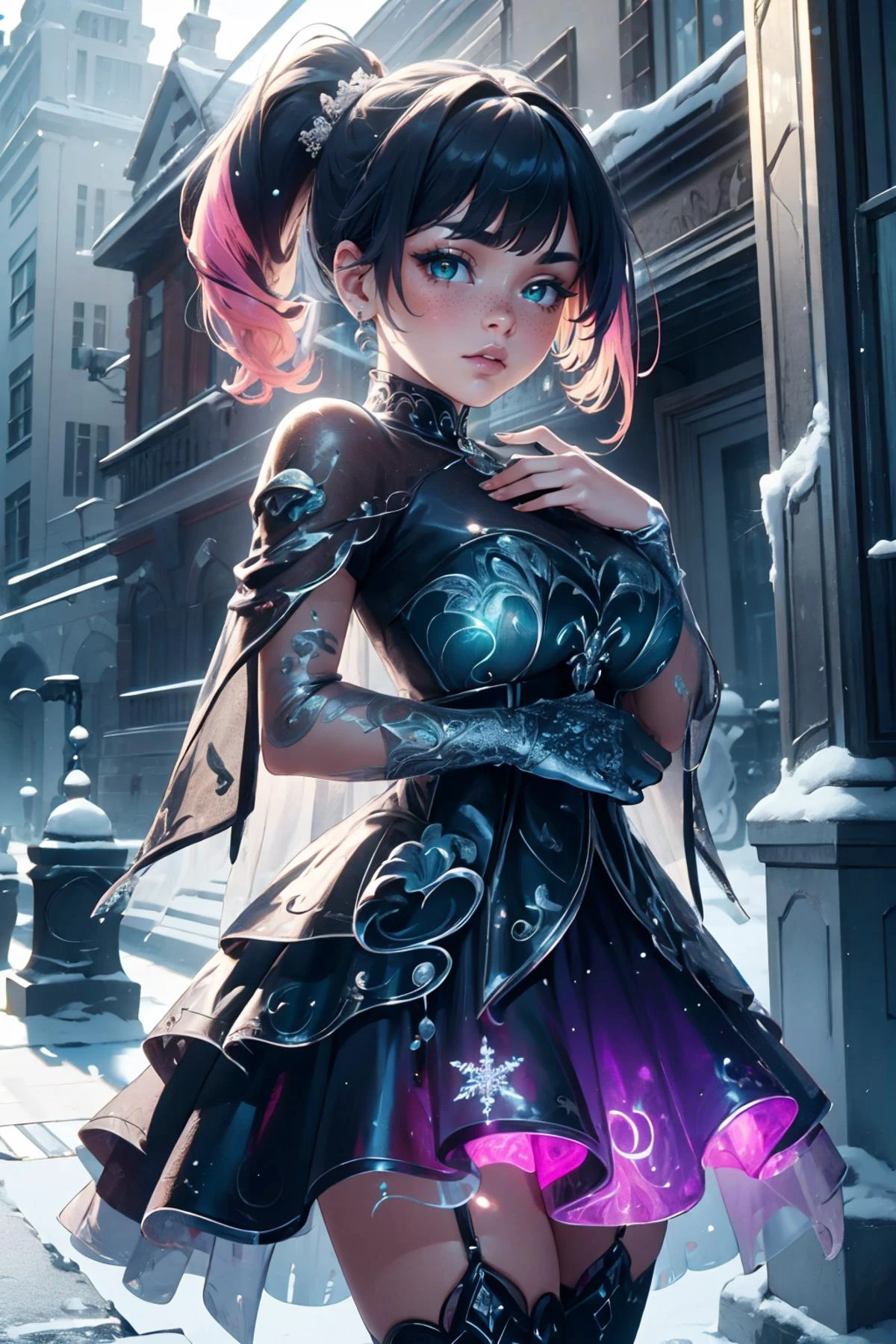 (masterpiece, best quality, highres, high resolution:1.2), extremely detailed, intricate details, 1girl, solo, looking at viewer, clamEmma, <lora:clamEmma:0.6>,  <lora:frosted-style-richy-v1:1> frostedstyle, snowflakes, blue theme, <lora:DeathKnightBallGown:0.8> edgDeathKnight, [gown|armor], ballgown, skulls, thighhighs, side-swept bangs, black hair, pink IncursioDipDyedHair, messy mid ponytail, green eyes, thick eyebrows, freckles, <lora:DipDyedHair:0.8>, <lora:weight_slider_v2:0.25>, (cinematic lighting, bloom, volumetric)