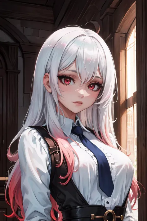 Highly detailed, High Quality, Masterpiece, beautiful, solo, 1girl, white hair, red eyes, long hair, shirt, white shirt, upper body, <lora:DipDyedHair:1>, soft pink IncursioDipDyedHair