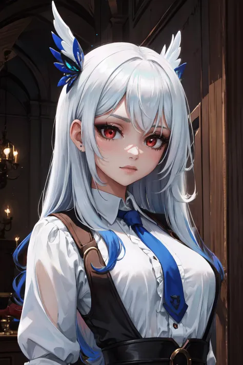 Highly detailed, High Quality, Masterpiece, beautiful, solo, 1girl, white hair, red eyes, long hair, shirt, white shirt, upper body, <lora:DipDyedHair:1>, blue IncursioDipDyedHair