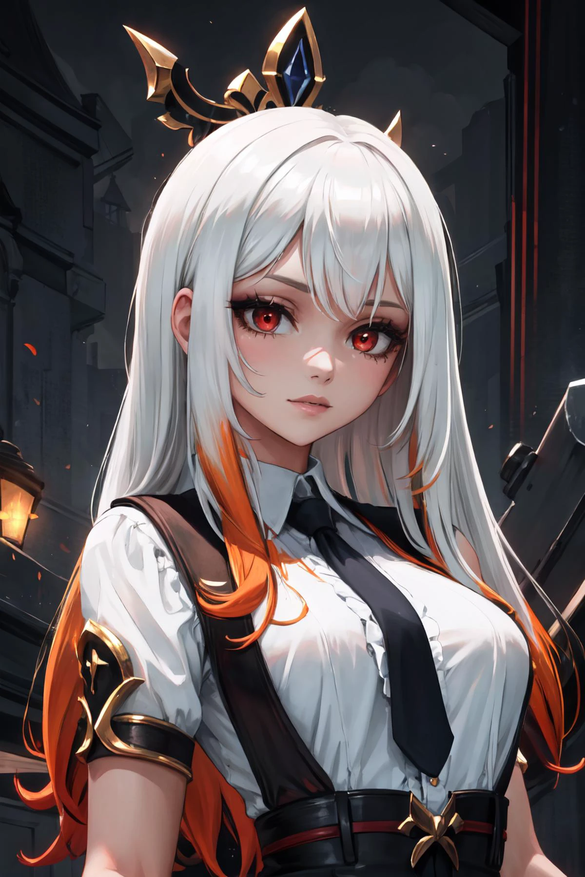 Highly detailed, High Quality, Masterpiece, beautiful, solo, 1girl, white hair, red eyes, long hair, shirt, white shirt, upper body, <lora:DipDyedHair:1>, orange IncursioDipDyedHair