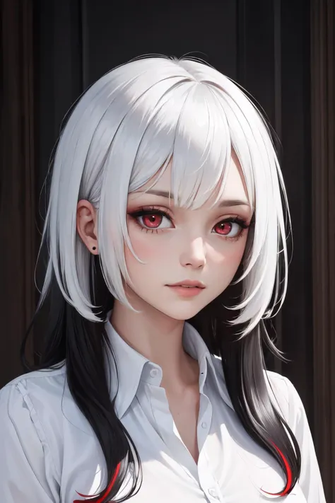 Highly detailed, High Quality, Masterpiece, beautiful, solo, 1girl, white hair, red eyes, long hair, shirt, white shirt, upper body, <lora:DipDyedHair:1>, ((black IncursioDipDyedHair))