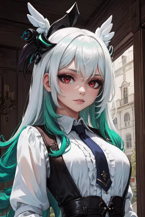 Highly detailed, High Quality, Masterpiece, beautiful, solo, 1girl, white hair, red eyes, long hair, shirt, white shirt, upper body, <lora:DipDyedHair:1>, green IncursioDipDyedHair