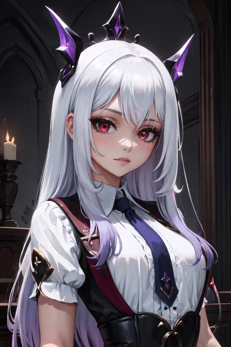 Highly detailed, High Quality, Masterpiece, beautiful, solo, 1girl, white hair, red eyes, long hair, shirt, white shirt, upper body, <lora:DipDyedHair:1>, purple IncursioDipDyedHair