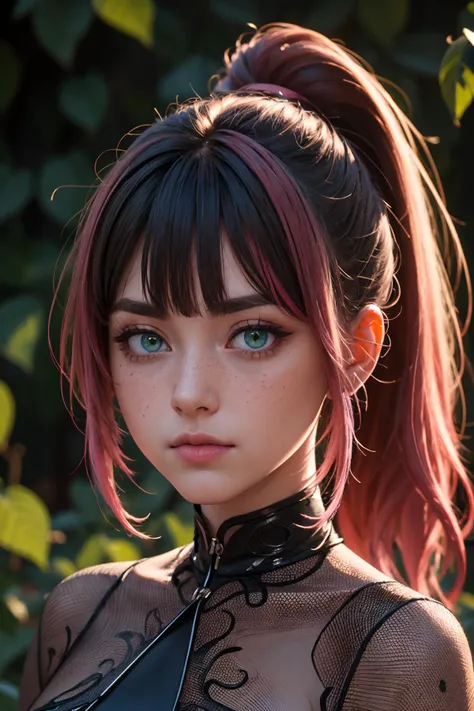 highres, masterpiece, perfect lighting, bloom, cinematic lighting, adult, female, looking at viewer, clamEmma, <lora:clamEmma_v10:0.6>, side-swept bangs, black hair, pink IncursioDipDyedHair, messy mid ponytail, green eyes, thick eyebrows, freckles, <lora:DipDyedHair:1>