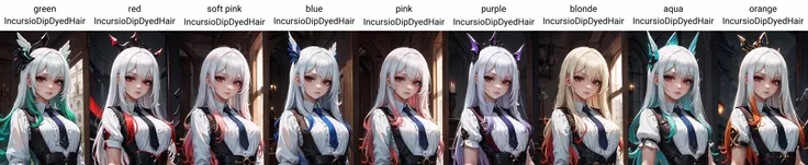 Highly detailed, High Quality, Masterpiece, beautiful, solo, 1girl, white hair, red eyes, long hair, shirt, white shirt, upper body, <lora:DipDyedHair:1>, green IncursioDipDyedHair