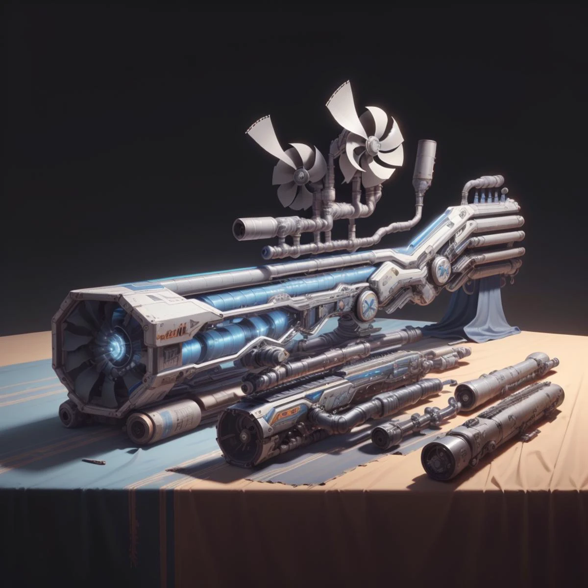 <lora:WindTech-15:0.8>, windtech , scifi, pipes , (cyberpunk:0.7),
(wind rifle:1.4) , (simple background:1.3), , product commercial, scope, laying on the table