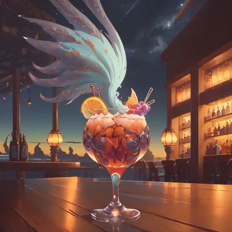 a powerful windtech cocktail served in a bar in the sky <lora:WindTech-15:0.8> colorful, anime, detailed, illustration, intricate, <lora:add_detail_realistic:1>, <lora:sharpen-soften:-0.5> <lora:cocktail_v2:0.8> pipes, oceanic colors, (Food photography style :1.3), Appetizing, professional, culinary, high-resolution, commercial, highly detailed, twilight lighting, (night photography:1.3)