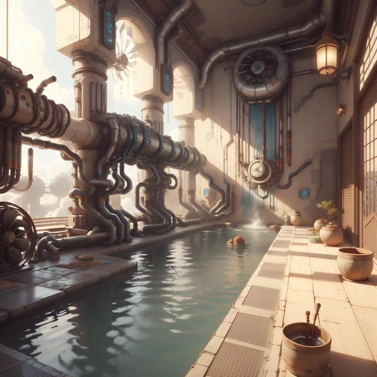 <lora:WindTech-15:0.8>, windtech , scifi, pipes , (cyberpunk:0.7),
(hotspring:1.2) ,