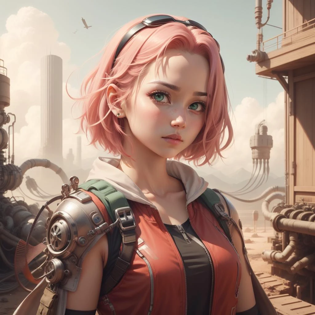 <lora:WindTech-15:0.8>, windtech , scifi, pipes , (cyberpunk:0.7), wind ,
1girl, solo,looking at viewer,simple background, ð,portrait,
<lora:sakuraharunotest-000010:0.6> sakura haruno, green eyes , hairband, short hair, pink hair, red clothes , konohagakure symbol,