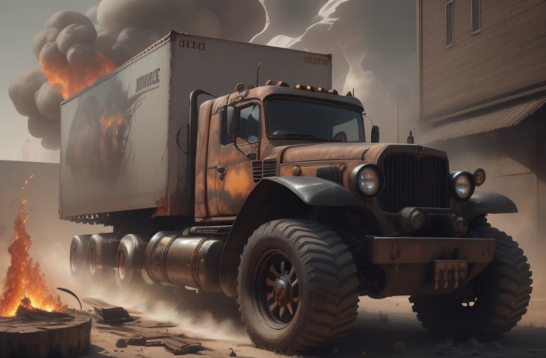 (battlecar:1.1), (semi truck:1.08), (painted wood grain:1.05), vehicle focus, no humans, car, wheel, tire, debris, smoke, fire, dirty <lora:BattleCars_v2_50_clip2_R-128:0.41><lora:WindTech:0.6> windtech, Cinematic photograph, UHD, 4k, ultra detailed, epic, inspiring, beautiful lighting, artistic composition, masterpiece, best quality, absurdres, detailed, ultra-detailed, max detail, 4k uhd