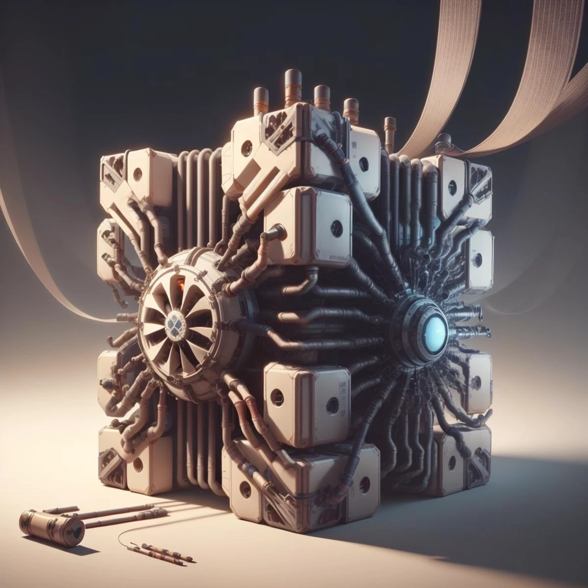 <lora:WindTech-15:0.8>, windtech , scifi, pipes , (cyberpunk:0.7),
(simple background:1.3), (cube:1.1), heart shape , weighted companion cube, black background,