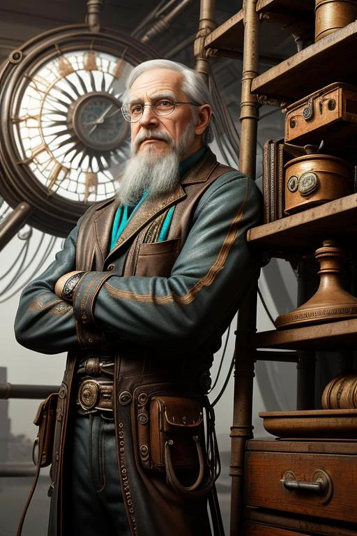 best quality, masterpiece, (1man, old european male:1.2), wise, turquoise eyes, graying hair, goatee, Style-GravityMagic, solo, from front, front view, (full body:0.6), looking at viewer, detailed background, detailed face, (<lora:WindTech:0.6> windtech theme:1.1), steampunk weapons engineer, relaxed countenance, wearing leather gear, toolbelt, rifle, smoking barrel, steel, , shelves, , pipes, steampunk workshop in background, low light, hazy air,