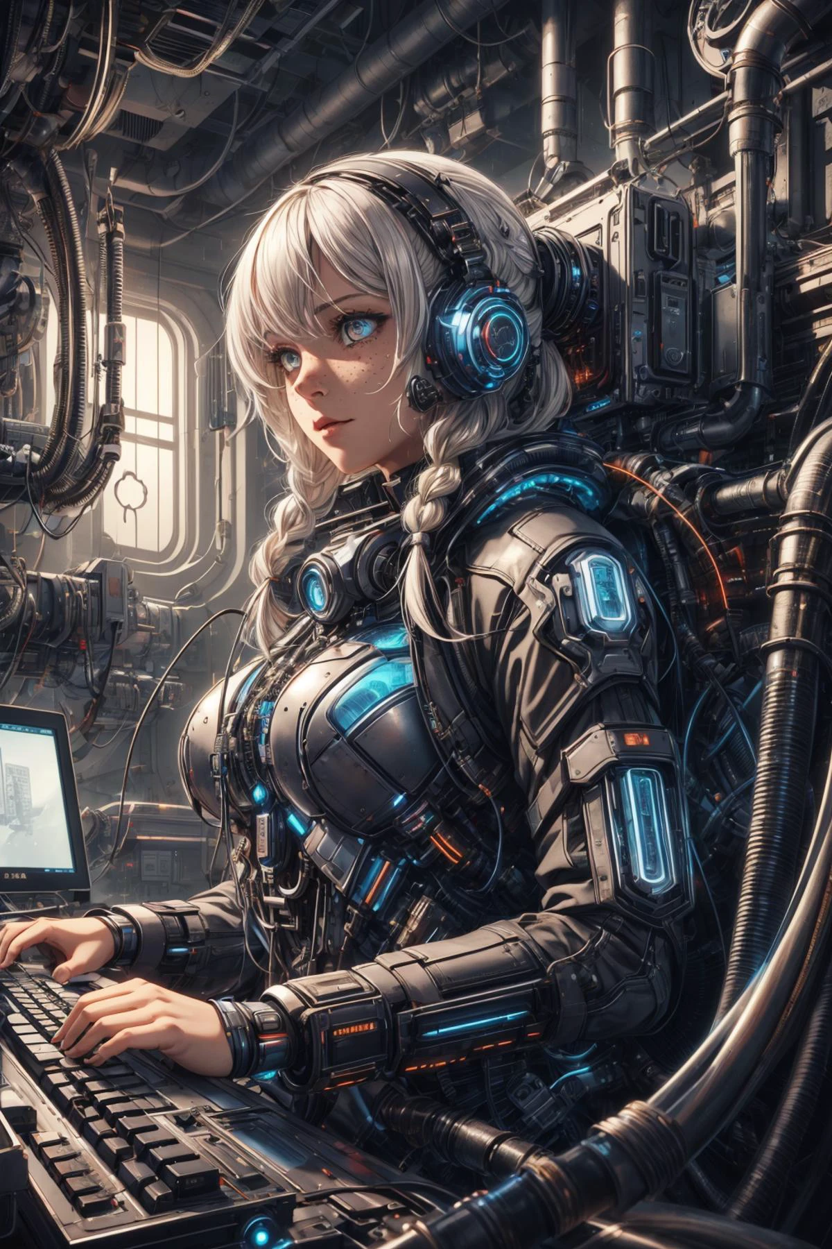 maximum details, cinematic, (abstract art:1.1), <lora:add_detail:0.5>, <lora:epi_noiseoffset2:0.5>,
<lora:GoodHands-beta2:0.8>,
1 girl, adult (elven:0.7) woman, freckles, silver eyes, platinum blonde braided hairstyle,
looking away, solo, upper body, detailed background, detailed face, (<lora:WindTech:0.6> scifi, (cyberpunk:0.7), pipes, windtech theme:1.1), evil high-tech futuristic hacker, coat, techwear, cables, holographic keyboard, access denied, numbers, computer, floorplan, abandoned tech factory in background, red lights, subterfuge, dark sinister atmosphere,